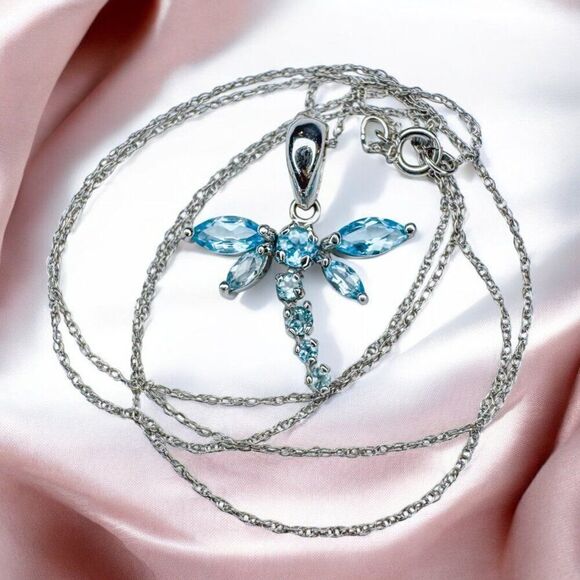 10K Gold- Blue Topaz Necklace -18"- 1cttw- Dragonfly Necklace -White Gold -1.5g - Picture 3 of 16